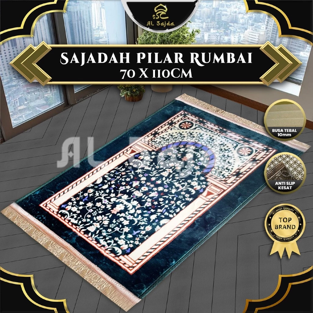 AL SAJDA Sajadah Pillar 70×110 Cm Rumbai dan Antislip Sejadah Busa Tebal Premium Motif Rawdah