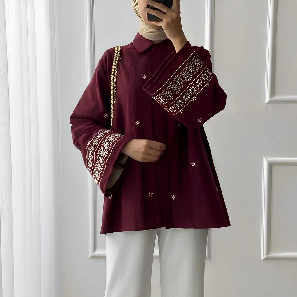 Elvaira Luxe Top Blouse Kemeja Atasan Bordir Modest Fashion Bahan Polo Linen Embroidery HQ