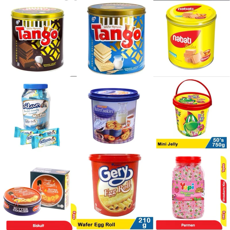 JAJAN HAMPERS LEBARAN LENGKAP MURAH MERIAH- JAJAN KALENG SEASONAL/ jelly inaco astor nabati tango wafello kugi wafer biskuit yupi dilan