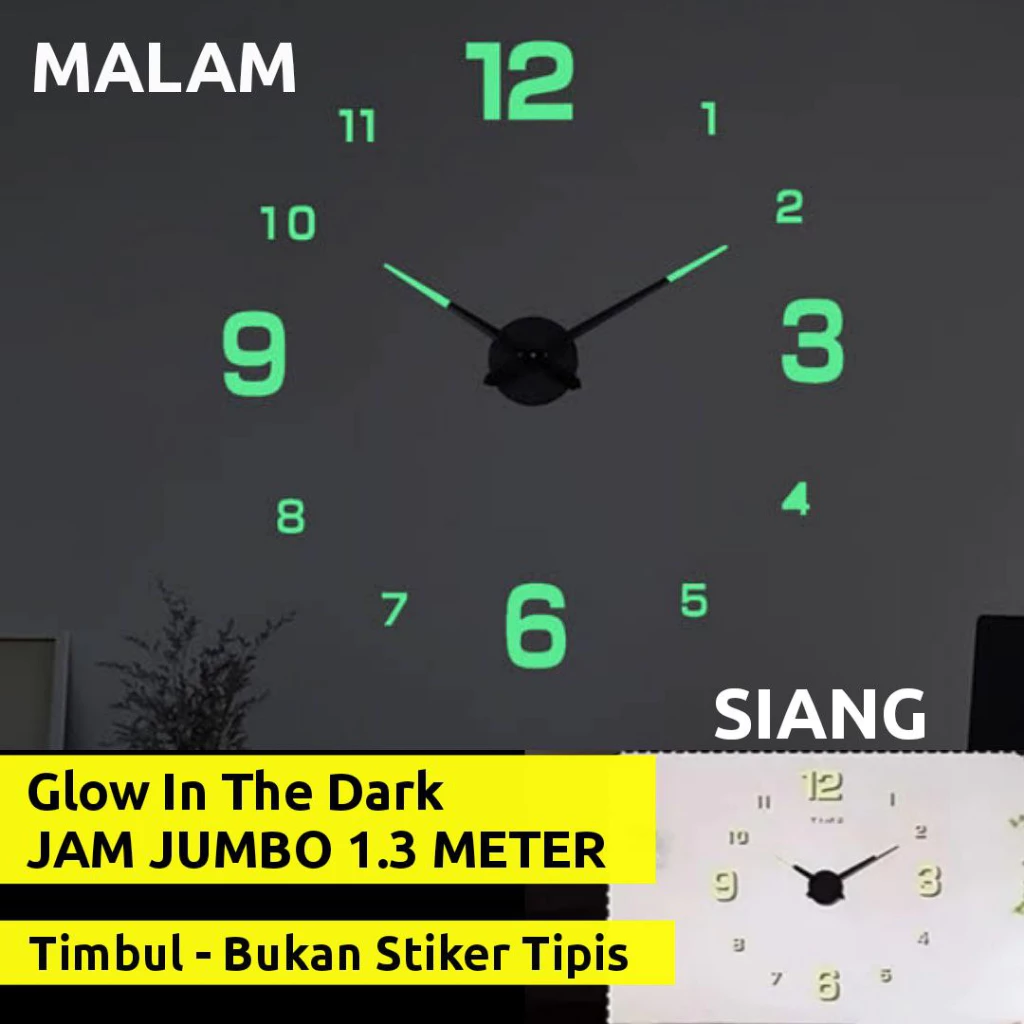 Jam Dinding Glow in The Dark Tempel Tembok Jumbo 3D ukuran 130cm Jam Dinding Besar Timbul Diameter 130cm Jam Dinding Aesthetic Jumbo Unik Raksasa Dekorasi Rumah