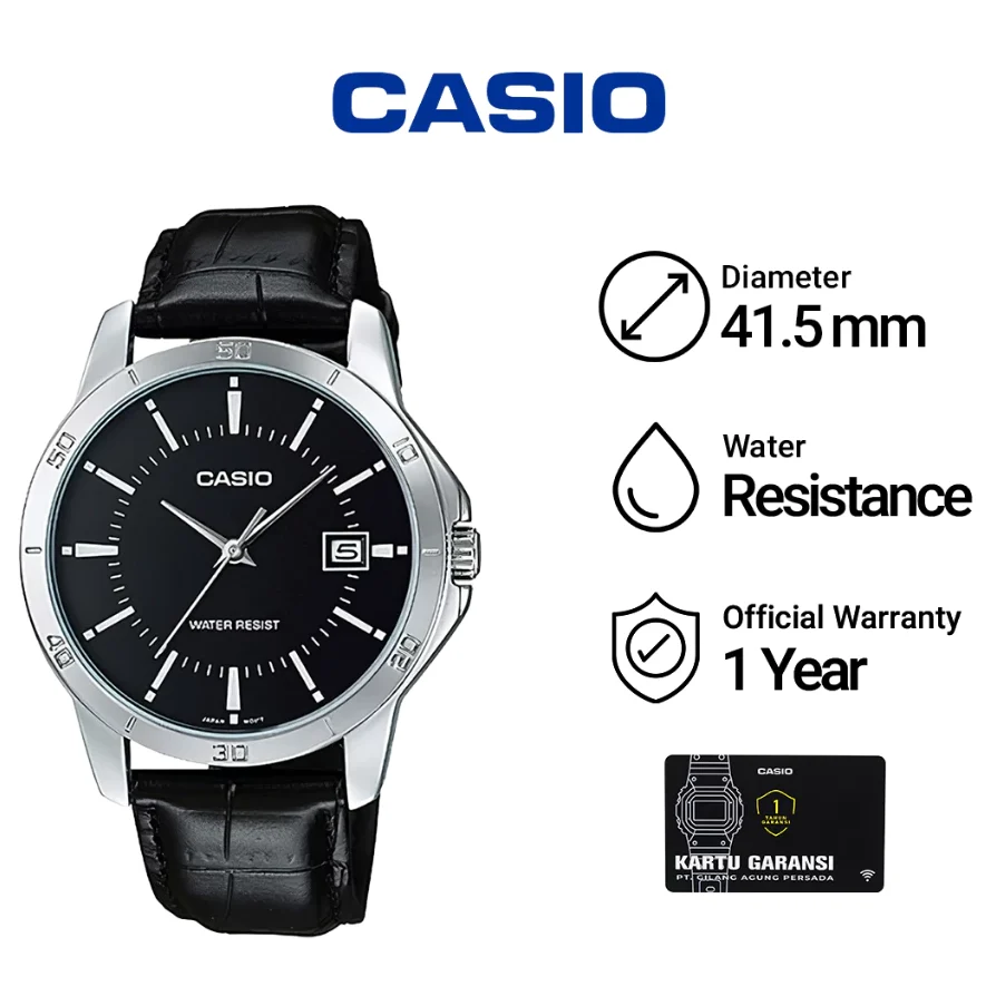 Jam Tangan Pria Casio General MTP-V004L-1A Black Dial Black Leather Band