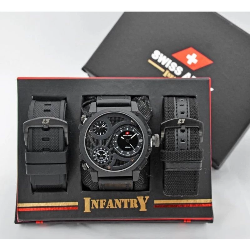 Jam Tangan Pria Swiss Infinity 3Time Kulit Set Paket