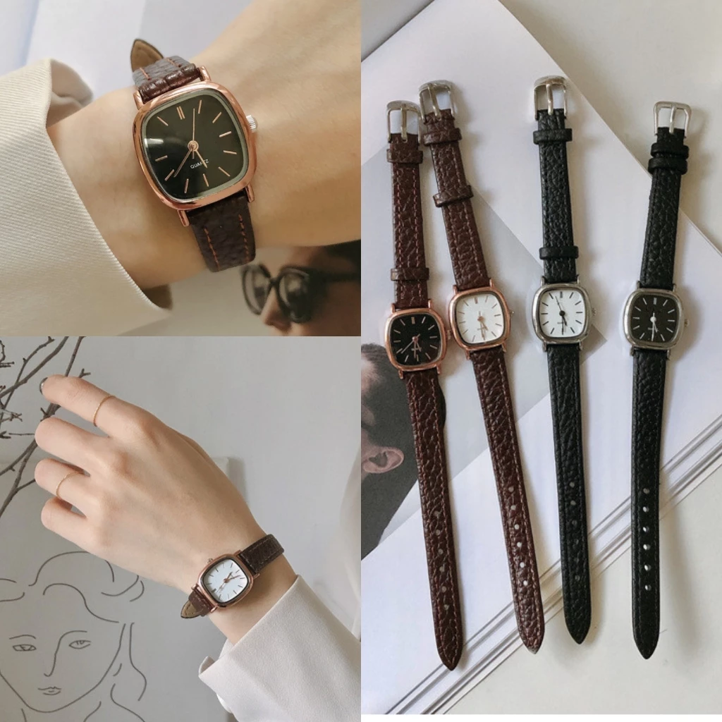 Jam Tangan Vintage Kulit Jam Tangan Wanita Kotak Jam Tangan Analog Simple Jam Tangan Import Fashion Leather Watch Quartz