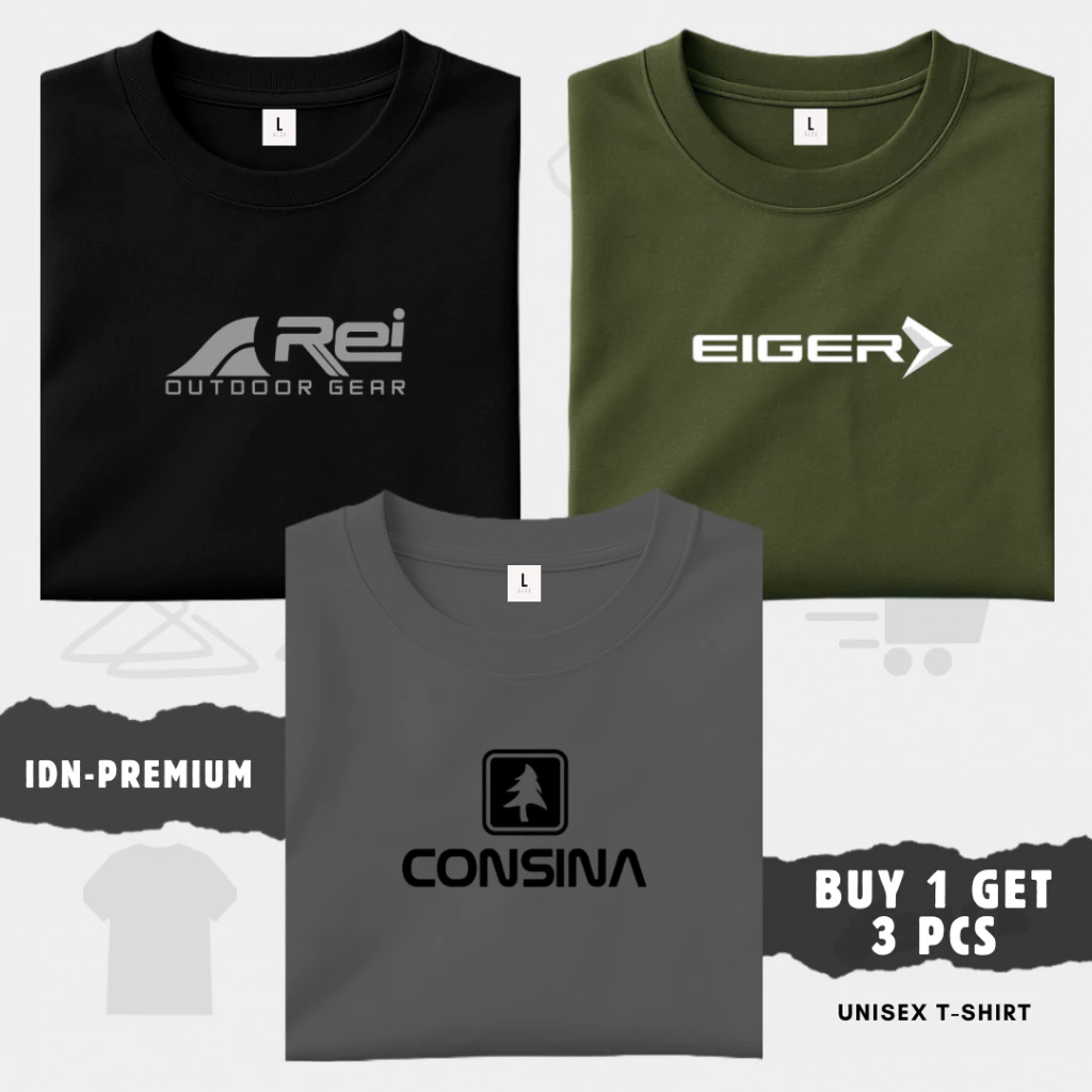 BUY 1 GET 3 PCS – Kaos Distro Pria Wanita T-Shirt Lengan Pendek – REI Silver – ElG 3 Putih – CSN Kt Hitam