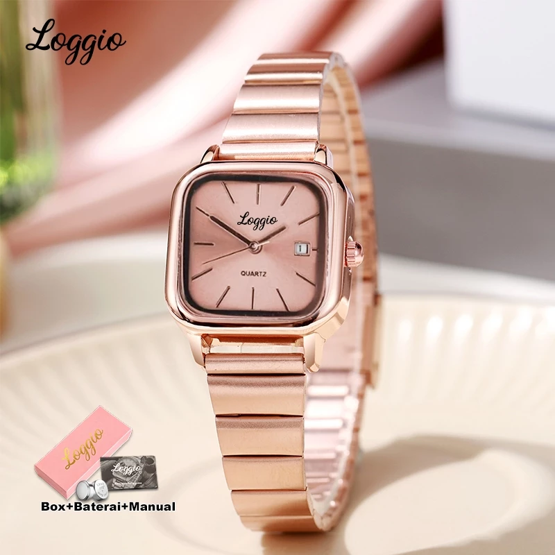 Loggio Jam Tangan Wanita Kecil Analog 100% Tali Rantai Stainless steel Dial Kotak Simpel Modern