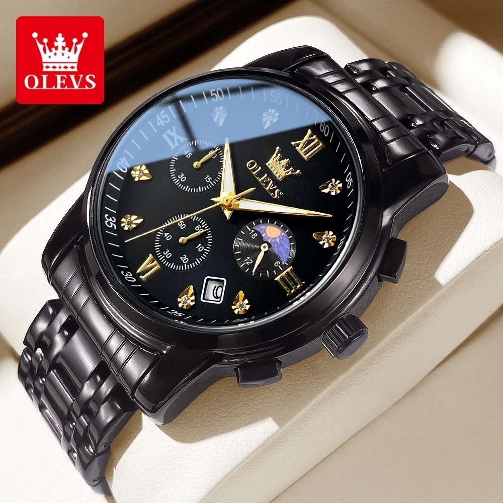 OLEVS Jam Tangan Pria Original Anti Air Tahan Led Sport Analog Chronograph Stainless Steel Watch Men