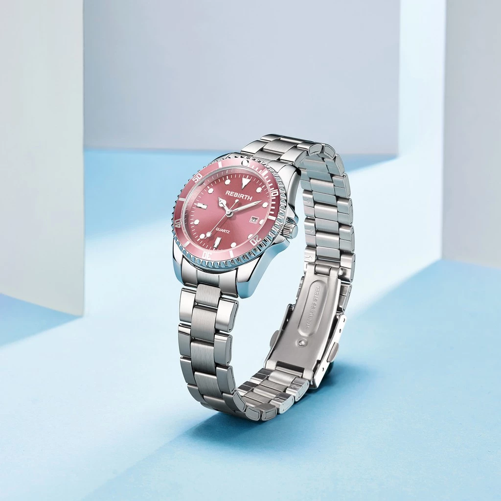 REBIRTH Jam Tangan Wanita Original Bisnis Mode Tali Stainless Steel Otomatis Date Anti Air Jam Tangan Cewek