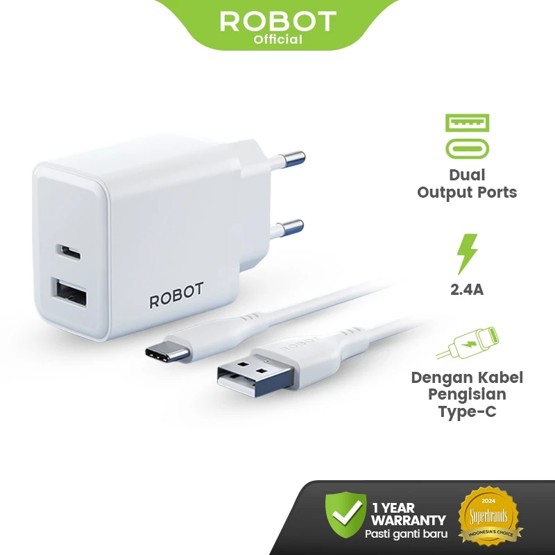 ROBOT Adaptor Charger 12W Fast Charging Dual Port with Micro USB Type-C Cable 2.4A Kepala Charger for Android iPhone RT-L3C Original