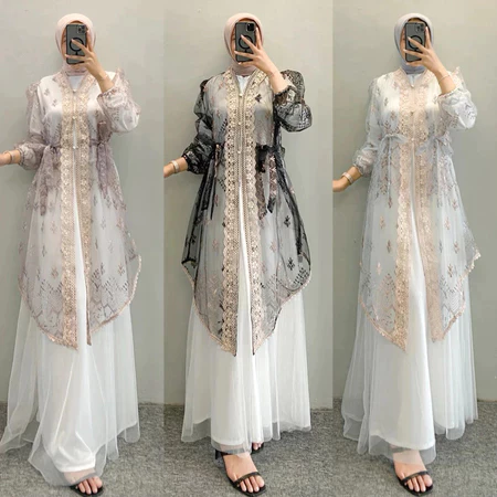 Raya Dress satu Set Inner Outer Dan Rok Tutu Elang Busana Gamis Muslim Wanita Pesta Kondangan