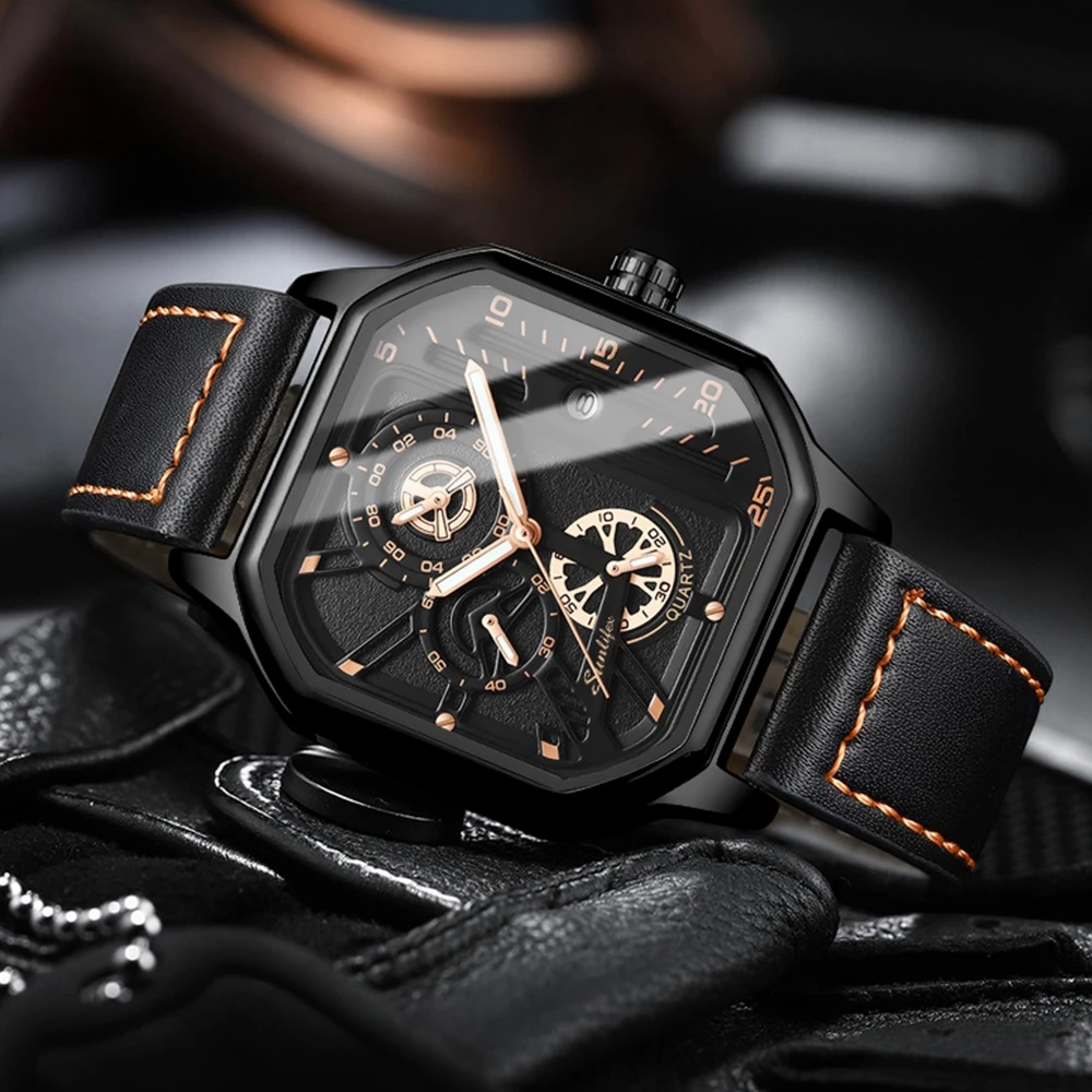 Sunlifex Jam Tangan Pria 9095 Kuarsa Olahraga Kasual Tali Kulit Pria Jam Tangan Cowok