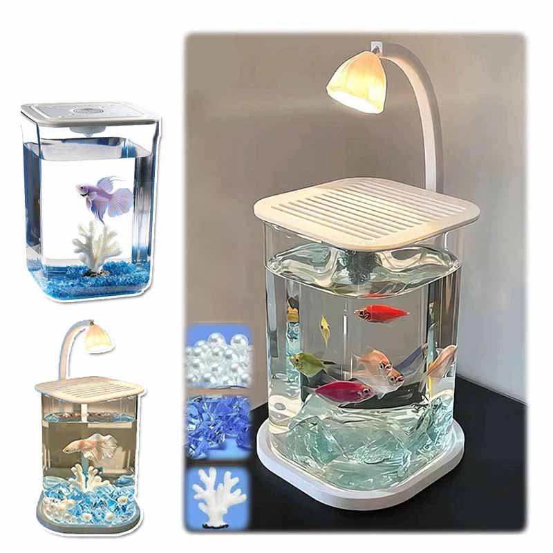Purrhappy Akuarium Ikan Mini Transparan Akuarium Mini Lanskap Akuarium Cupang Mini LED Unik Akuarium Kaca Transparan Akuarium