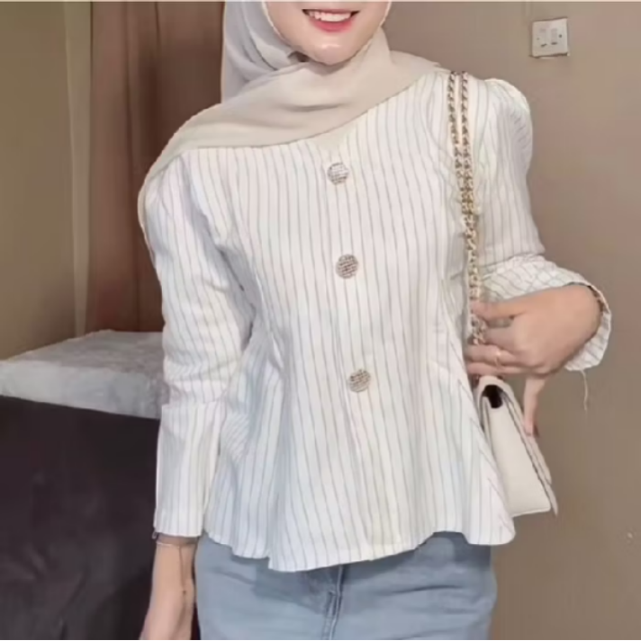 Arika Blouse Stripe Atasan Peplum Wanita Salur Lengan Puff Fit Body Fitted – Blouse Atasan Wanita