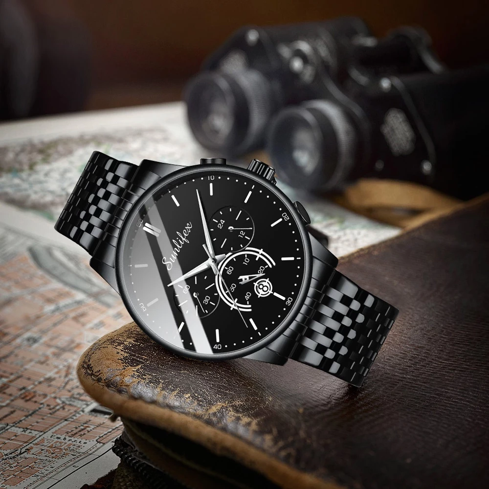 Sunlifex Jam Tangan Pria Original Bisnis Anti Air Kuarsa Jam Pria Calendar Tali Stainless Steel Jam Tangan Cowok 9007