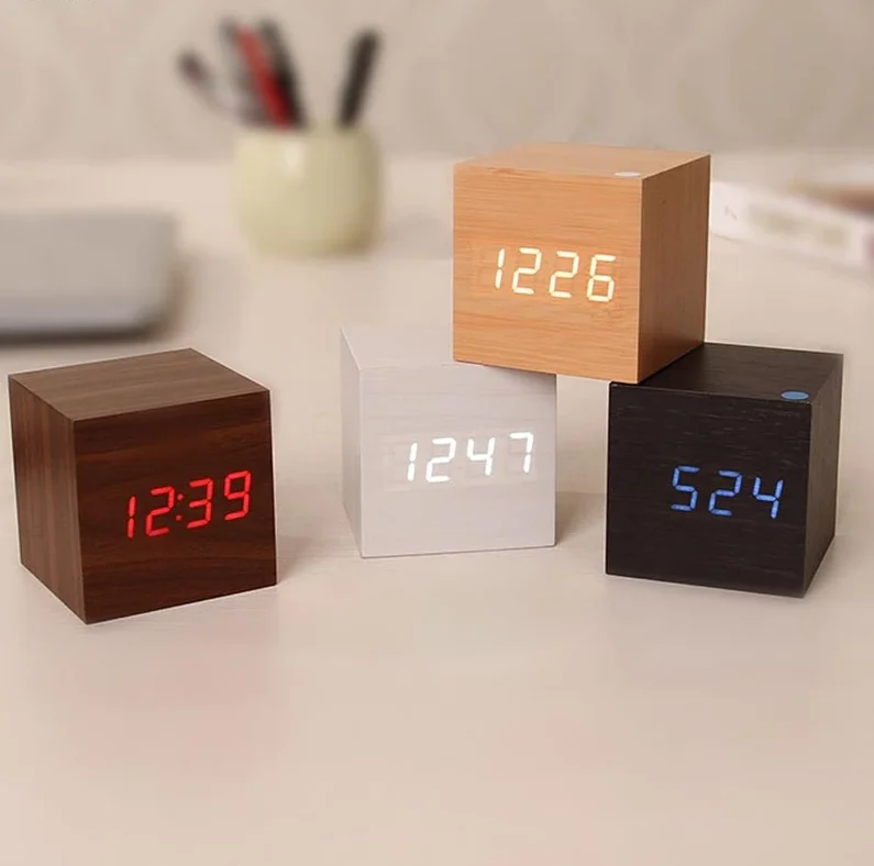 JD-11 Jam Digital Kayu LED Jam Weker Desain Mini Motif Kayu Wooden Clock Jam Meja Alarm Suhu temperature date Tanggal Jam Kerja Jam Waker