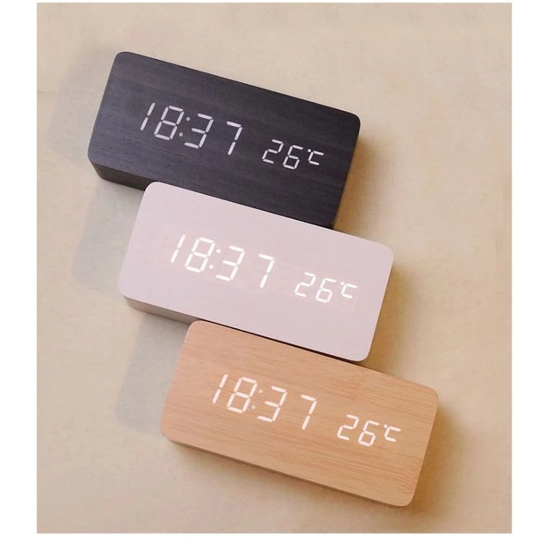 Jam meja kayu Digital LED / jam estetik + suhu / Digital wooD smart alarm / estetik jam weker bunyi alarm di tepuk tangan langsung Diam