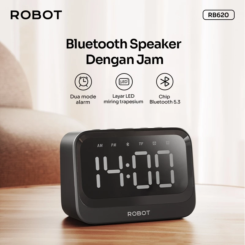 ROBOT Speaker Alarm Bluetooth RB620 LED Digital Clock Dual Smart Alarm BT 5.3 Portable 5W – Garansi 1 Tahun